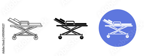 Medical gurney icon set: outline, solid, and color variations