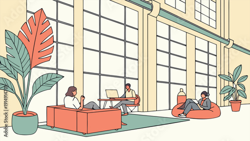 People enjoying a sunny day in an urban courtyard with greenery and seating areas