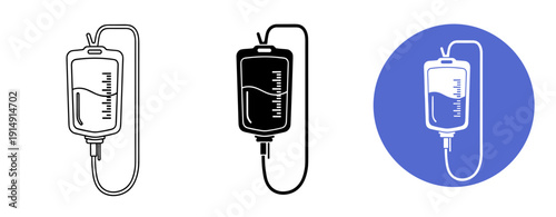 Set of medical iv drip icons in outline and solid styles with blue circle background