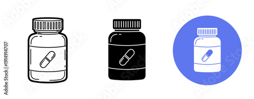 Three illustrations of medicine bottles with capsule design