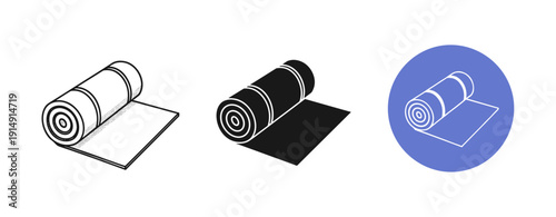 Set of yoga mat icons in black and white with blue circle background