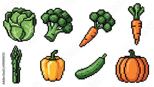Colorful pixel art vegetables including broccoli, carrot, and pumpkin