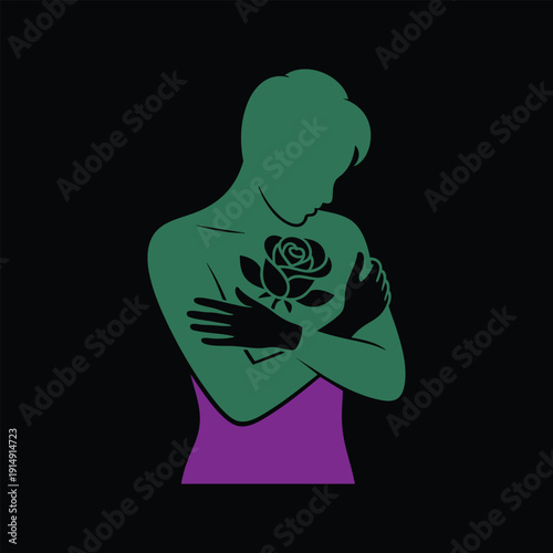 Woman hugging herself with a rose tattoo, feeling self-love and inner peace, green and purple.