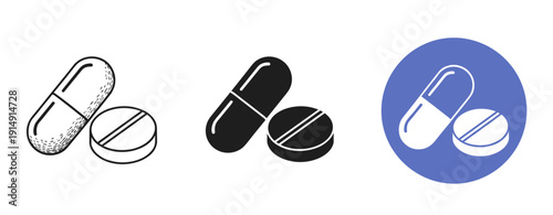 Pill icons: sketch, monochrome, and color variations on white background