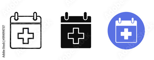 Medical calendar icons: outline, solid, and color variations