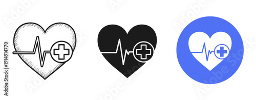 Heartbeat icon collection with medical cross for healthcare design