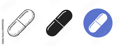 Variations of a pill icon: hand-drawn, black, and digital blue circle styles
