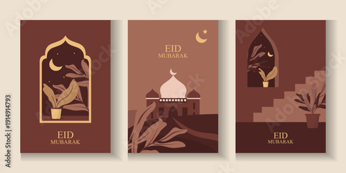 Eid Mubarak modern design with mosque, building, crescent moon in brown color.  Ramadan Kareem banner, poster, greeting card, cover design in trendy warming brown colors background.