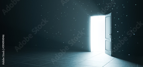 Door Opening With Light and Particles in Mystery Concept Background