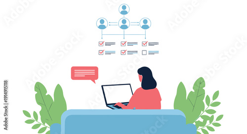 Woman working on laptop with flowchart and speech bubble, surrounded by green plants, isolated on transparent background