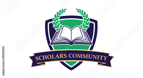 Scholars Community Logo with Open Book and Laurel Wreath.