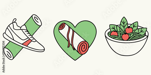 A vibrant collection of icons representing health, love, and fresh produce.