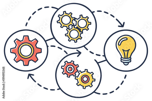 Interconnected gears and lightbulb icons symbolizing innovation and collaboration