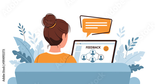 Woman sitting at desk with laptop displaying feedback scale and speech bubble, surrounded by plants, isolated on transparent background, vector illustration