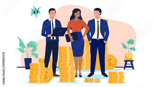 Diverse business team of professionals standing among large stacks of gold coins representing collective financial success, wealth management and profit, flat design vector illustration