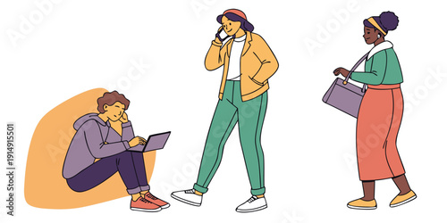 Three friends discussing while one sits on the ground and others stand nearby