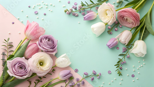 An ultra-realistic luxury editorial key visual. A top-down premium flat-lay set against a soft pastel gradient background (pearl blush fading into spring mint)
