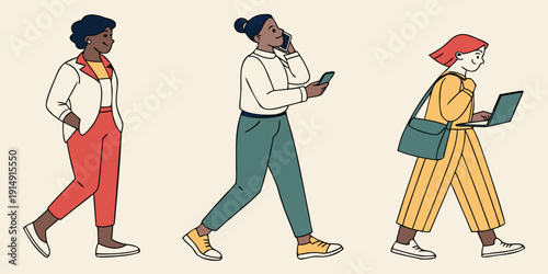 Three stylish individuals walking in an urban setting with modern accessories.