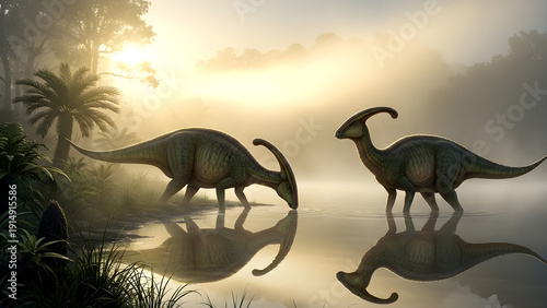 Two Parasaurolophus dinosaurs drinking from a misty lake at sunrise, with lush prehistoric foliage and a palm tree.