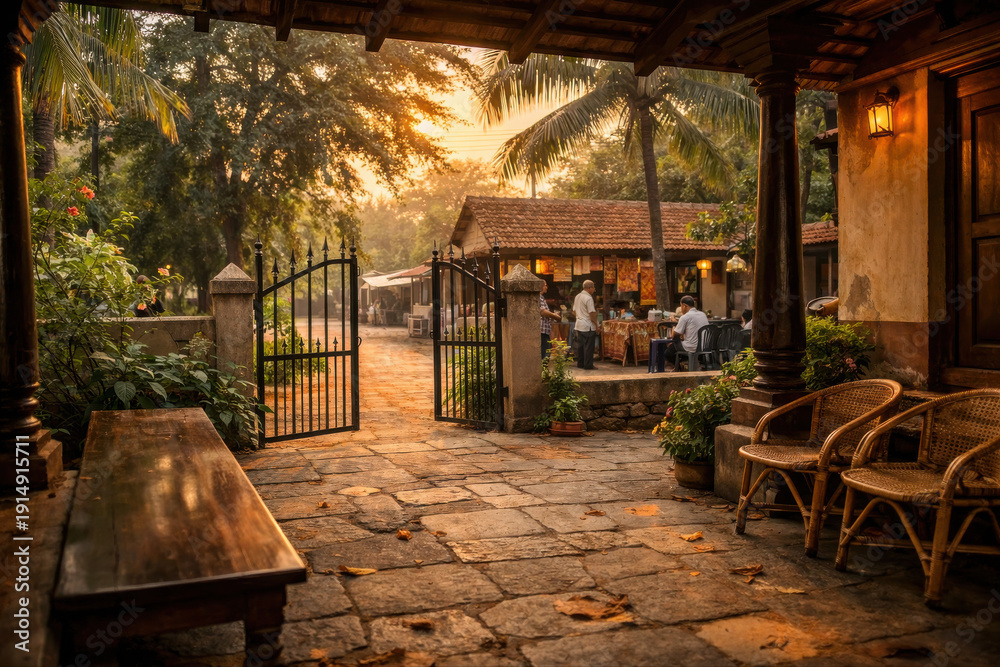 Fototapeta premium Rustic tropical courtyard cafe at golden sunset with stone patio wooden chairs and amber lantern light creating a peaceful travel hospitality dining and vacation retreat atmosphere