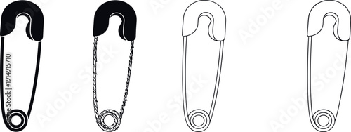 Safety Pin Icon Set in Solid and Outline Style for Sewing, Tailoring, Fashion Accessories, Clothing Repair, and Textile Craft Vector Design
