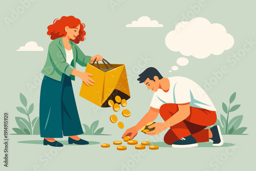 Financial Distribution and Savings Concept. Woman Pours Gold Coins from Shopping Bag for Man to Collect. Wealth Transfer Illustration.
