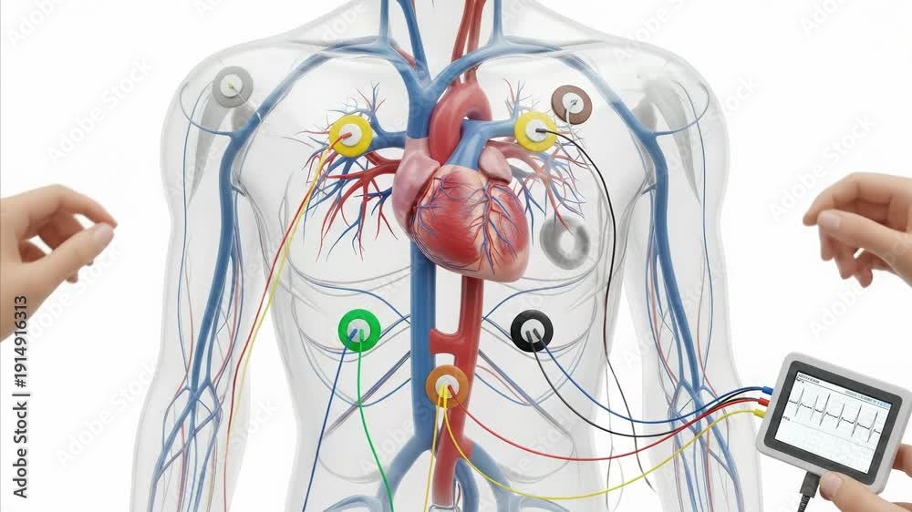 3D Medical Animation: ECG Electrodes Connected to Human Heart and Blood ...