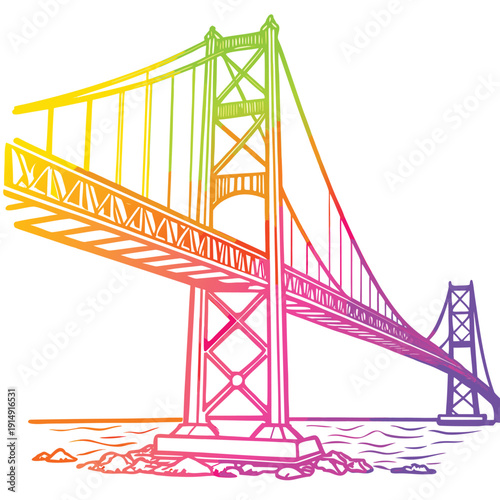 Elegant line art logo of a long suspension bridge with cables and towers, precise engineering drawing style, thin consistent strokes, minimal vector illustration, modern monochrome logo