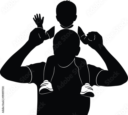 Father carries happy child on shoulders raising small hand in triumph.