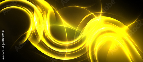 Golden swirls radiate energy. Bright light curves create dynamic abstract pattern against dark background. Vivid illumination dominates composition.
