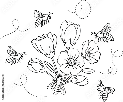 Charming black and white line art illustration depicts several busy honeybees delicately pollinating a small cluster of blooming spring flowers with dotted flight paths.