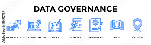 Data Governance Banner Web Icon Set Collection Pack Vector Illustration Concept For Master Data, Accounting System, Ledger, Research, Paperwork, Book, Location