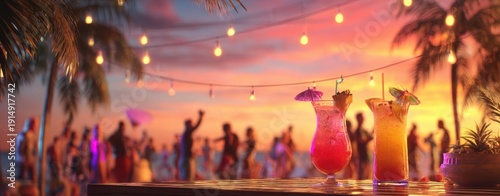 The Cocktails on a Beach Bar Table at Sunset Party with String Lights