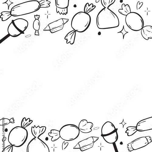 Hand drawn vector frame featuring various sweets, candies, and cotton candy. The design includes an empty space for text, surrounded by playful candy illustrations.