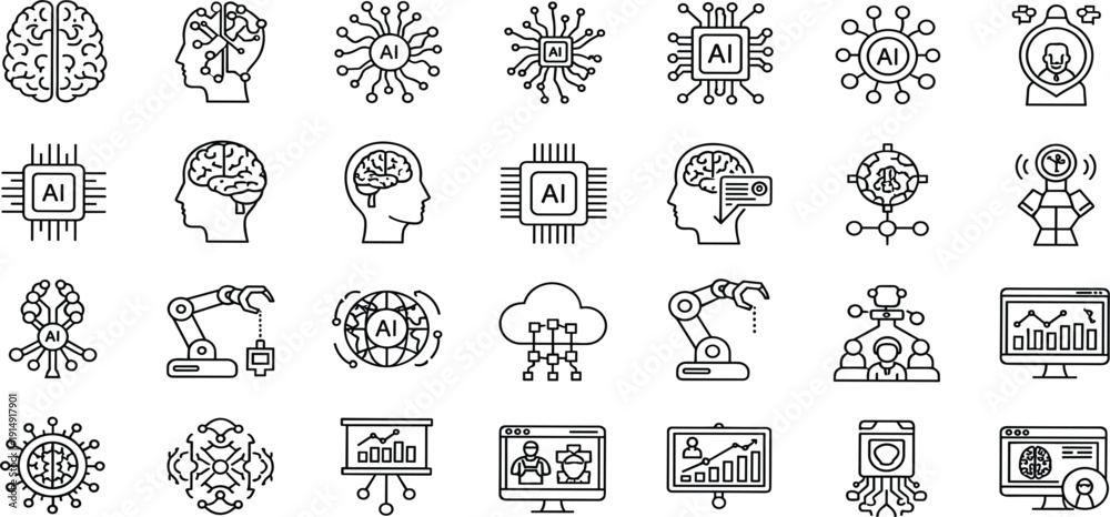 Fototapeta premium Artificial Intelligence and Machine Learning Line Icon Set with AI Brain Robotics Automation Data Analytics and Technology Innovation Symbols