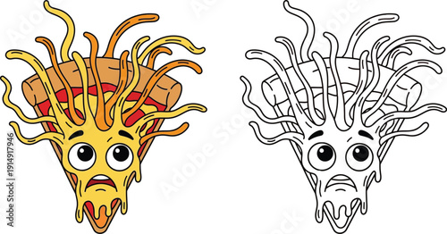 Shocked Cartoon Pizza Slice with Melted Cheese Hair Humorous and Expressive Food Character Illustration