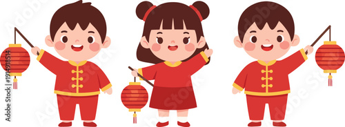 Children in traditional attire celebrating with lanterns in a festive environment from a straightforward viewpoint