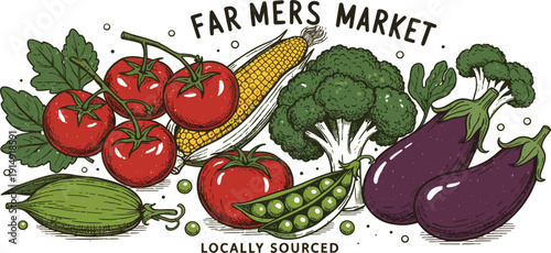 Farmers Market Fresh Vegetables Illustration with Tomato Corn Broccoli Eggplant and Local Organic Produce for Farm Market Poster and Healthy Food Design
