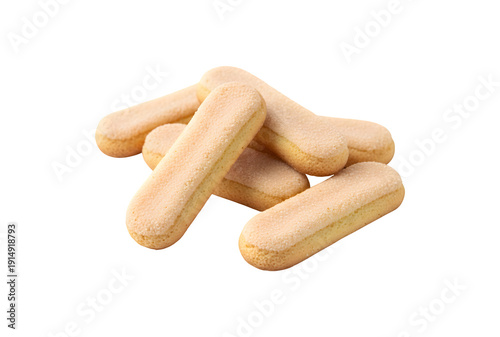 Italian savoiardi biscuits, ladyfinger cookies set against a white background with a clipping path, showcasing full depth of field

