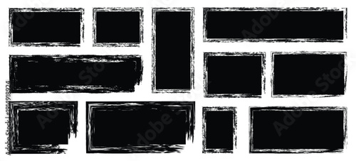 Set of grunge jagged rectangle, square shape. paint brush grunge border frame. Black square shapes with ripped jagged borders on white background. Vintage grunge boxes for collage, text, banner