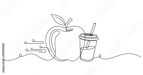 Minimalist line art of apple and juice cup with straw. None editable stroke