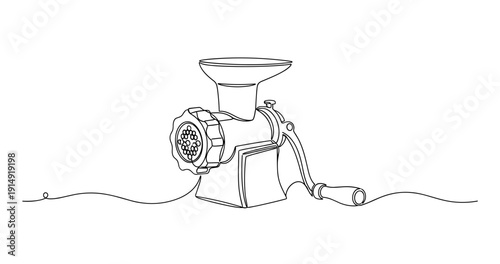 Line art manual meat grinder with crank handle and funnel for home use. None editable stroke