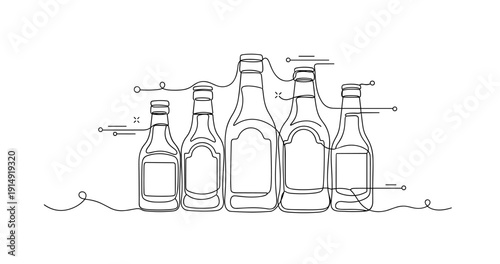 Continuous line drawing of various sauce bottles with abstract design elements. None editable stroke