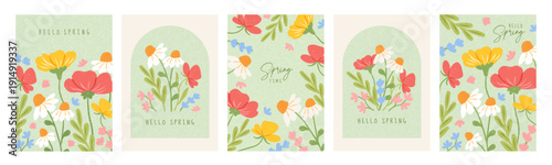 Floral abstract trendy Spring cards. Modern poster, cover or flyer in hand drawn beautiful blossom flowers, floral frame for holiday design. Vector template for Easter, Women's Day, Mother's day.