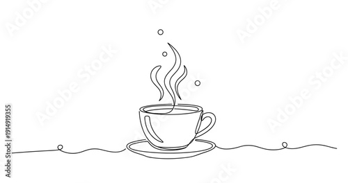 Minimalist line art of steaming coffee cup with saucer and doodle elements. None editable stroke