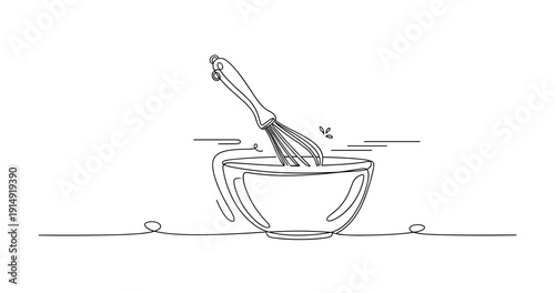 Continuous line drawing of whisk in mixing bowl with dynamic splash elements. None editable stroke