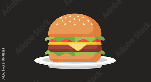 A vibrant, flat-design illustration of a classic hamburger with cheese, lettuce, and tomato, served on a white plate against a dark background.