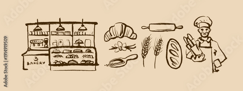 Doodle baking set with chef, ingredients and tools in sketch style. Vintage culinary process, cozy kitchen, bakery branding. Hand drawn vector illustration