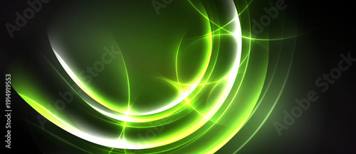 Abstract green energy flows, luminous curves, dark background. Dynamic composition creates modern visual impact. Smooth gradients, bright highlights.