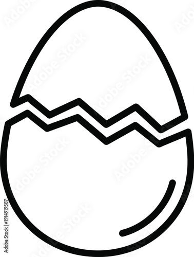 Simple black and white line drawing of a cracked open eggshell on a white background